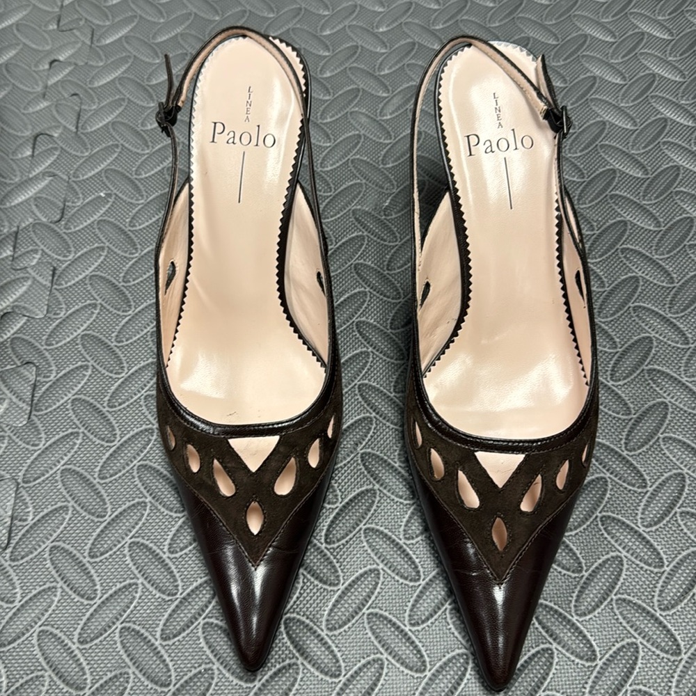 Linea Paolo beige Amber chocolate Kid kitten heels, 9 1/2M